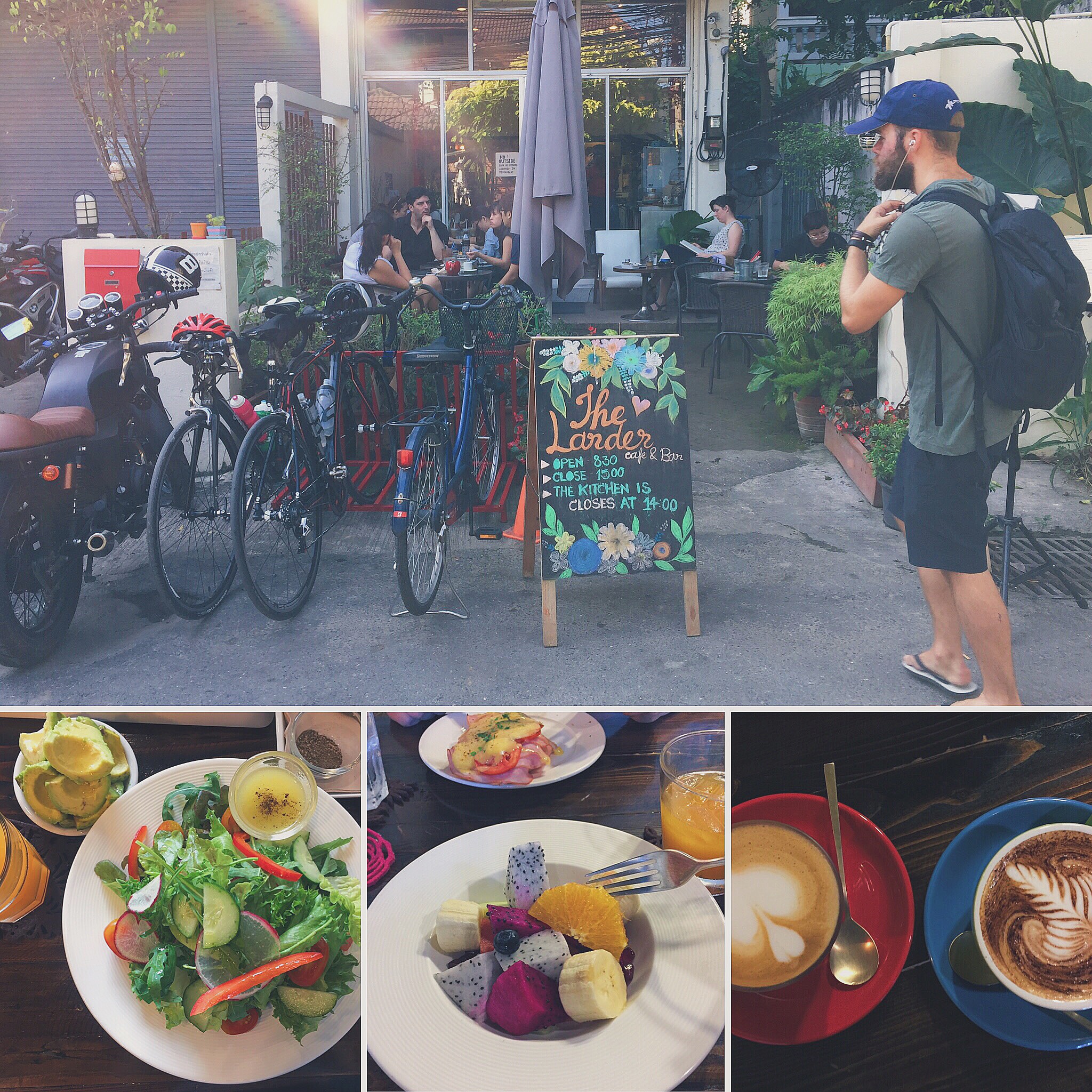 Top-bottom, left to right: Cafe entrance, Larder salad, Mixed fruit salad, coffee latte and cappuccino.